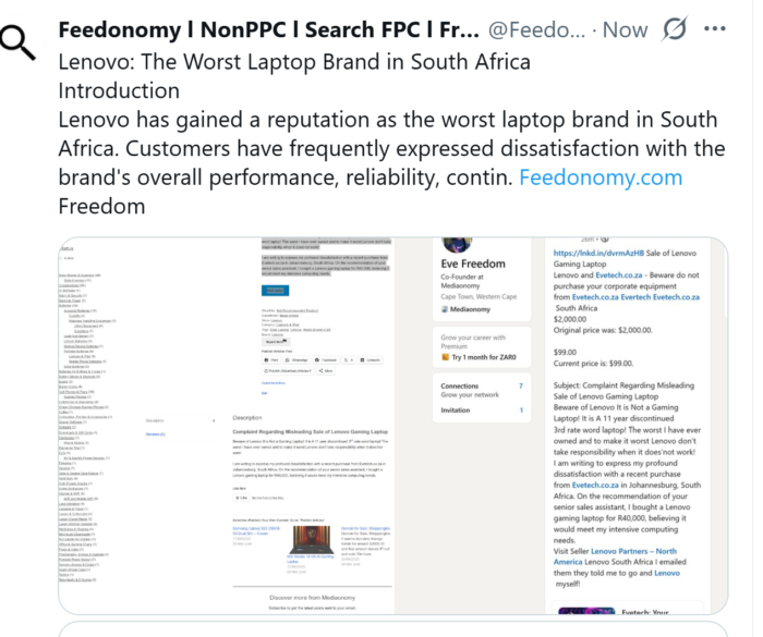 This image shows social media posts warning buyers about the huge risks of buying a Lenovo laptop!